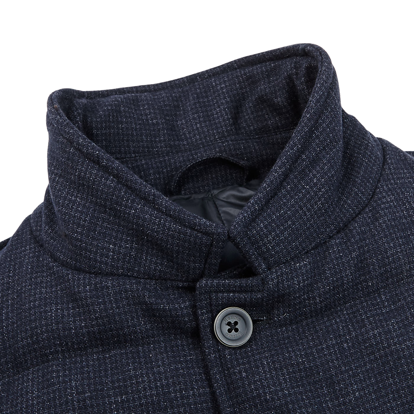 Herno Navy Wool Houndstooth Goose Down Jacket Collar