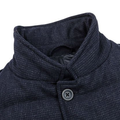 Herno Navy Wool Houndstooth Goose Down Jacket Collar