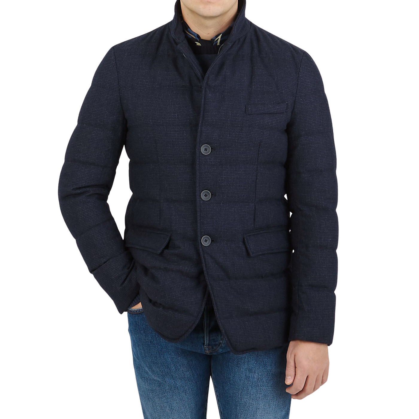 Herno Navy Wool Houndstooth Goose Down Jacket Front