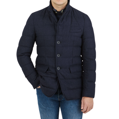 Herno Navy Wool Houndstooth Goose Down Jacket Front