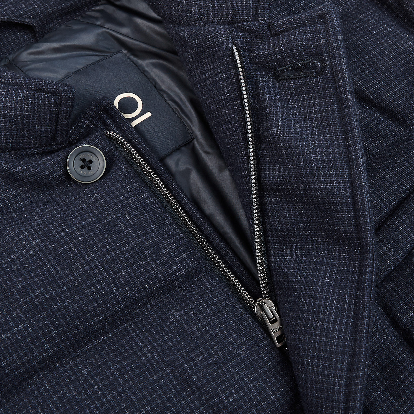 Herno Navy Wool Houndstooth Goose Down Jacket Open