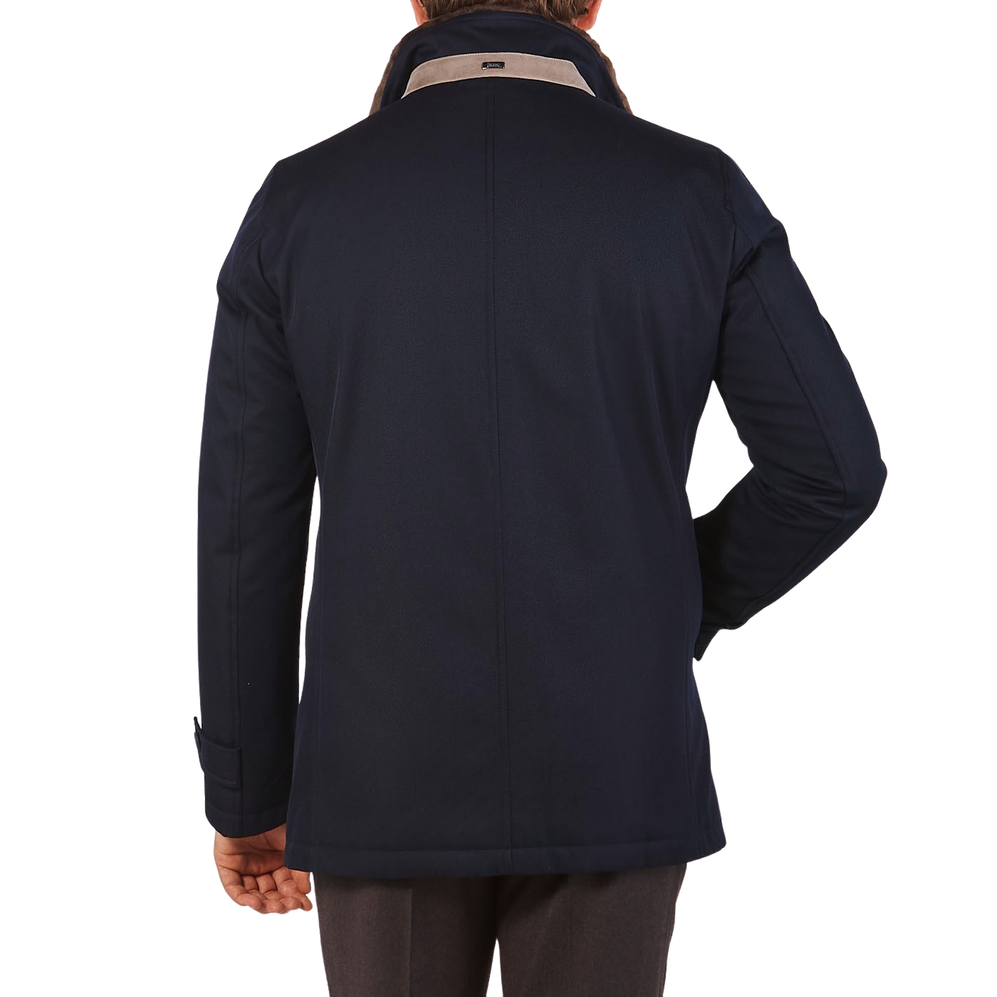 Herno Navy Wool Twill Beaver Collar Jacket Back