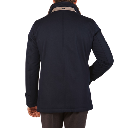 Herno Navy Wool Twill Beaver Collar Jacket Back