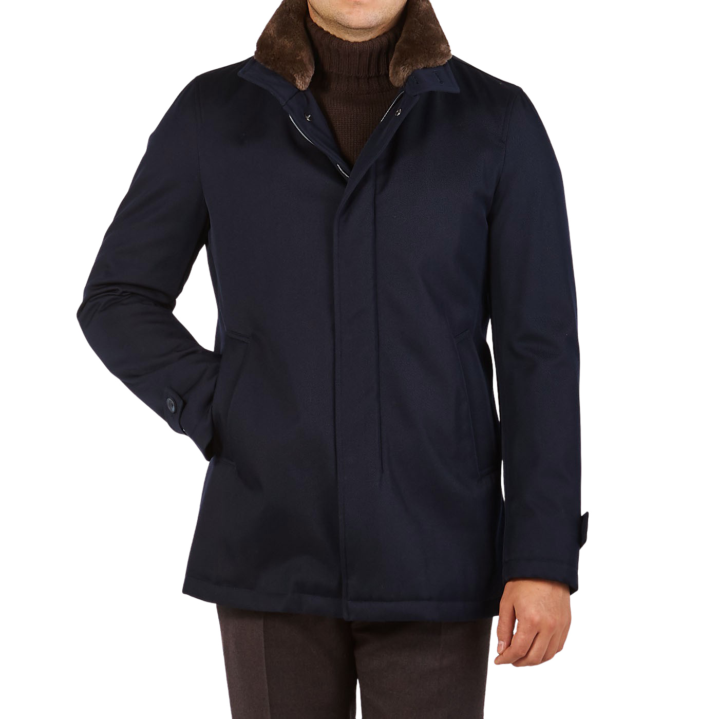 Herno Navy Wool Twill Beaver Collar Jacket Front