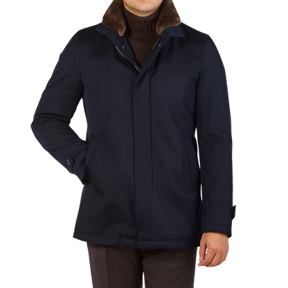 Herno Navy Wool Twill Beaver Collar Jacket Front
