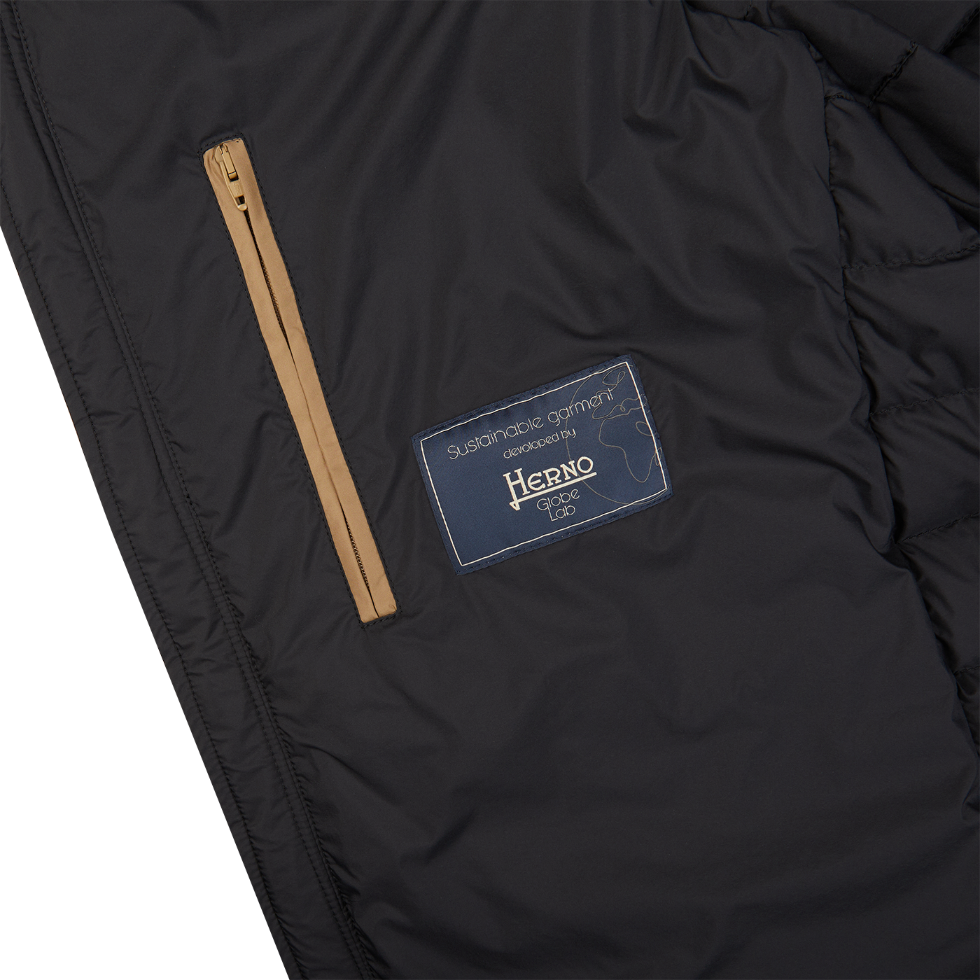 The back of a Black Nylon Goose Down Quilted Gilet with a label on it from the Italian outerwear brand, Herno.