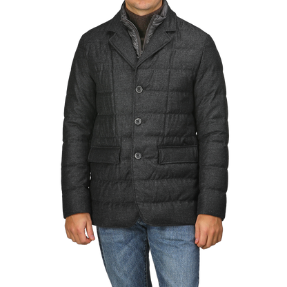 A person wearing a Charcoal Checked Wool Cashmere Loro Piana Jacket by Herno over jeans.
