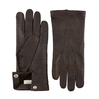 Hestra Espresso Peccary Unlined Palm Button Gloves Open