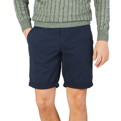 Hiltl Navy Blue Washed Cotton Stretch Shorts Front