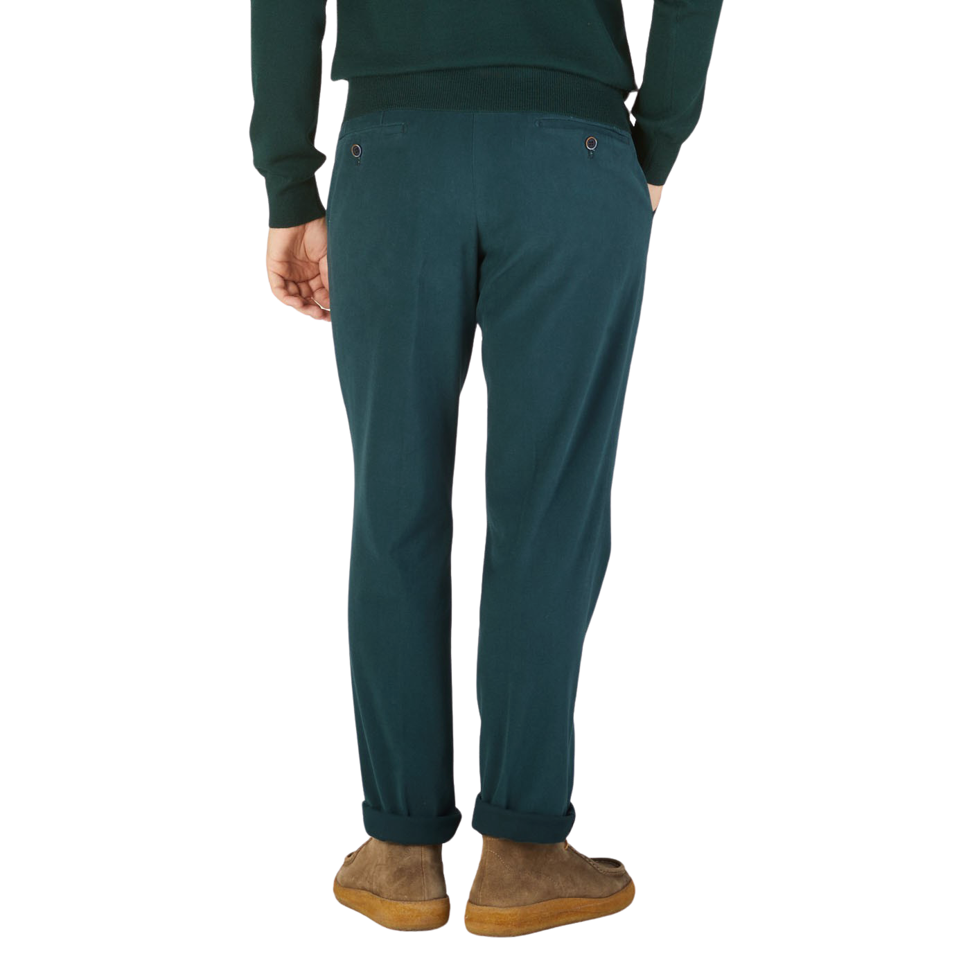 The back view of a man wearing Hiltl's Airforce Blue Cotton Stretch Regular Fit Chinos.