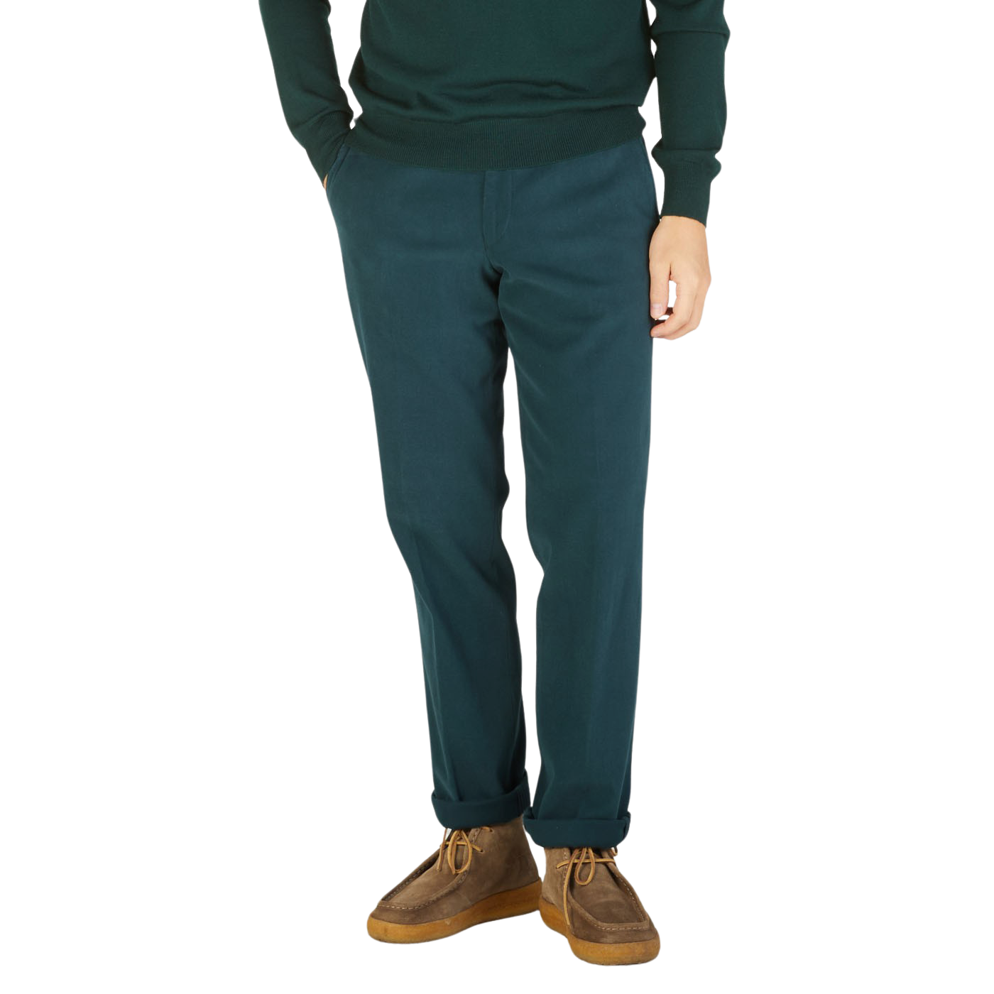 A man wearing Hiltl's Airforce Blue Cotton Stretch Regular Fit Chinos.