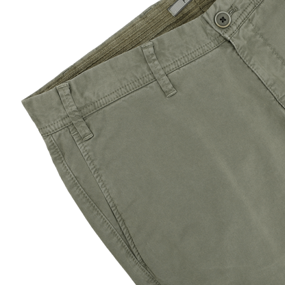 Close-up of the Green Washed Cotton Gabardine Slim Chinos by Hiltl, highlighting details like belt loops, a button, and part of the waistband.