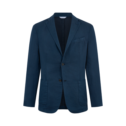 The Boglioli Navy Blue Satin Cotton/Linen Jacket is single-breasted with two buttons, notched lapel, and three front pockets—one chest and two lower patch pockets. Tailored modern fit with long sleeves, shown on a white background. , available at Richard Gelding Mayfair
