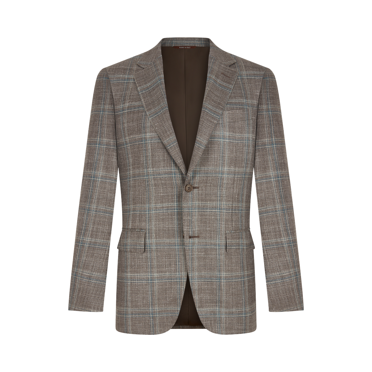 The Canali Stone Teal Wool/Silk/Linen Windowpane Check Blazer features light blue and white patterns, a single brown button, notched lapels, two front flap pockets, and a chest pocket, displayed on a white background. , available at Richard Gelding Mayfair