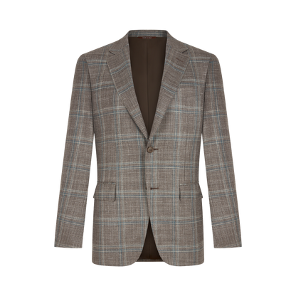 The Canali Stone Teal Wool/Silk/Linen Windowpane Check Blazer features light blue and white patterns, a single brown button, notched lapels, two front flap pockets, and a chest pocket, displayed on a white background. , available at Richard Gelding Mayfair
