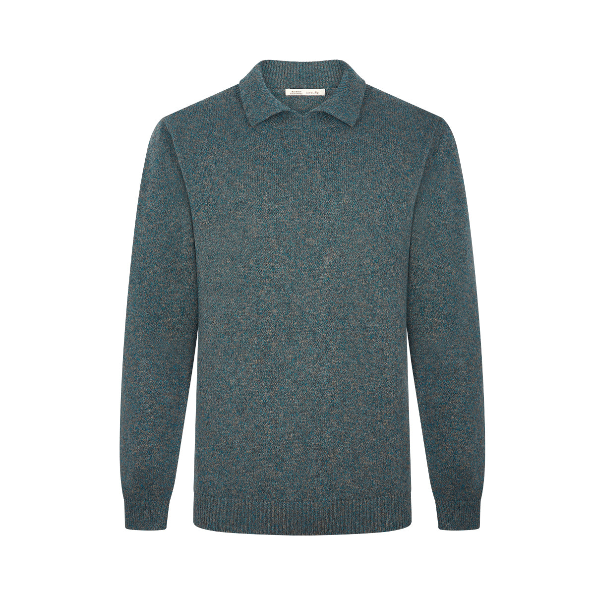 Green Melange Wool Polo Crew Neck Sweater