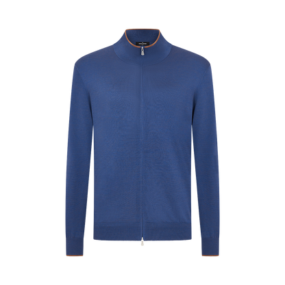 Blue Silk/Cotton Blend Full Zip Cardigan