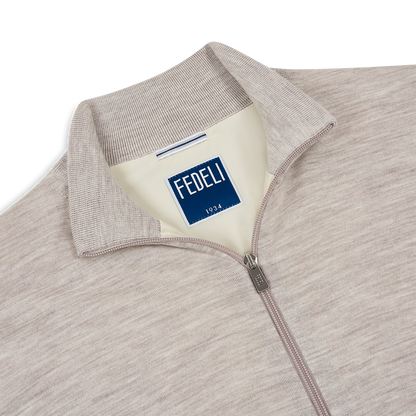 Beige Melange Extra Fine Wool Windstop Knitted Jacket