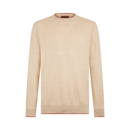 The Filippo de Laurentiis Beige/Terracotta Cotton Cashmere Crew Neck Sweater features soft, lightweight knitwear with thin red trim on the collar, cuffs, and hem. Shown front view against a plain white background. , available at Richard Gelding Mayfair