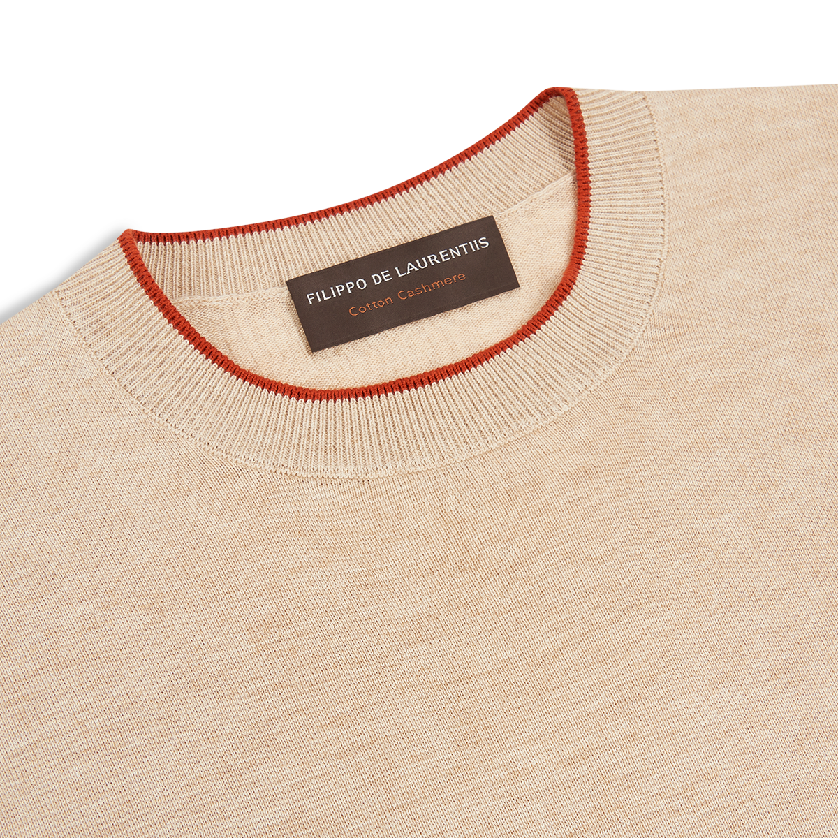 Beige/Terracotta Cotton Cashmere Crew Neck Sweater