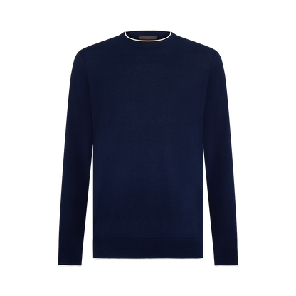 The Filippo de Laurentiis Navy/White Cotton Cashmere Crew Neck Sweater features long sleeves, a slim white trim at the neckline, and a fitted, minimalist design with no visible logos, shown laid flat on a plain white background. , available at Richard Gelding Mayfair
