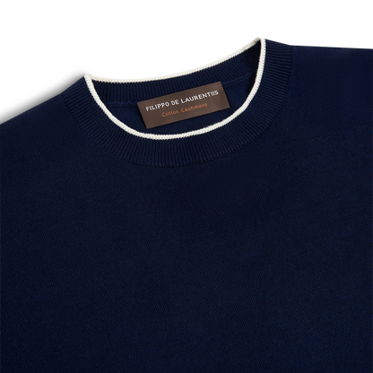 Close-up of the Filippo de Laurentiis Navy/White Cotton Cashmere Crew Neck Sweater, featuring a subtle white trim at the collar and finely knit, soft fabric for timeless comfort and style. , available at Richard Gelding Mayfair