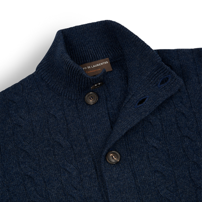 Blue Wool Cashmere Cable-Knit Button Cardigan