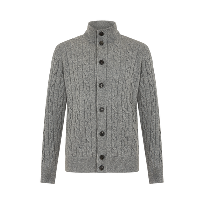 Grey Wool Cashmere Cable-Knit Button Cardigan