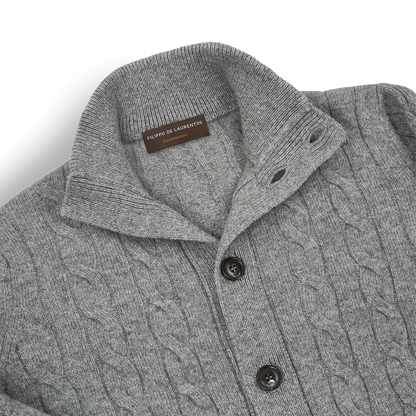 Grey Wool Cashmere Cable-Knit Button Cardigan