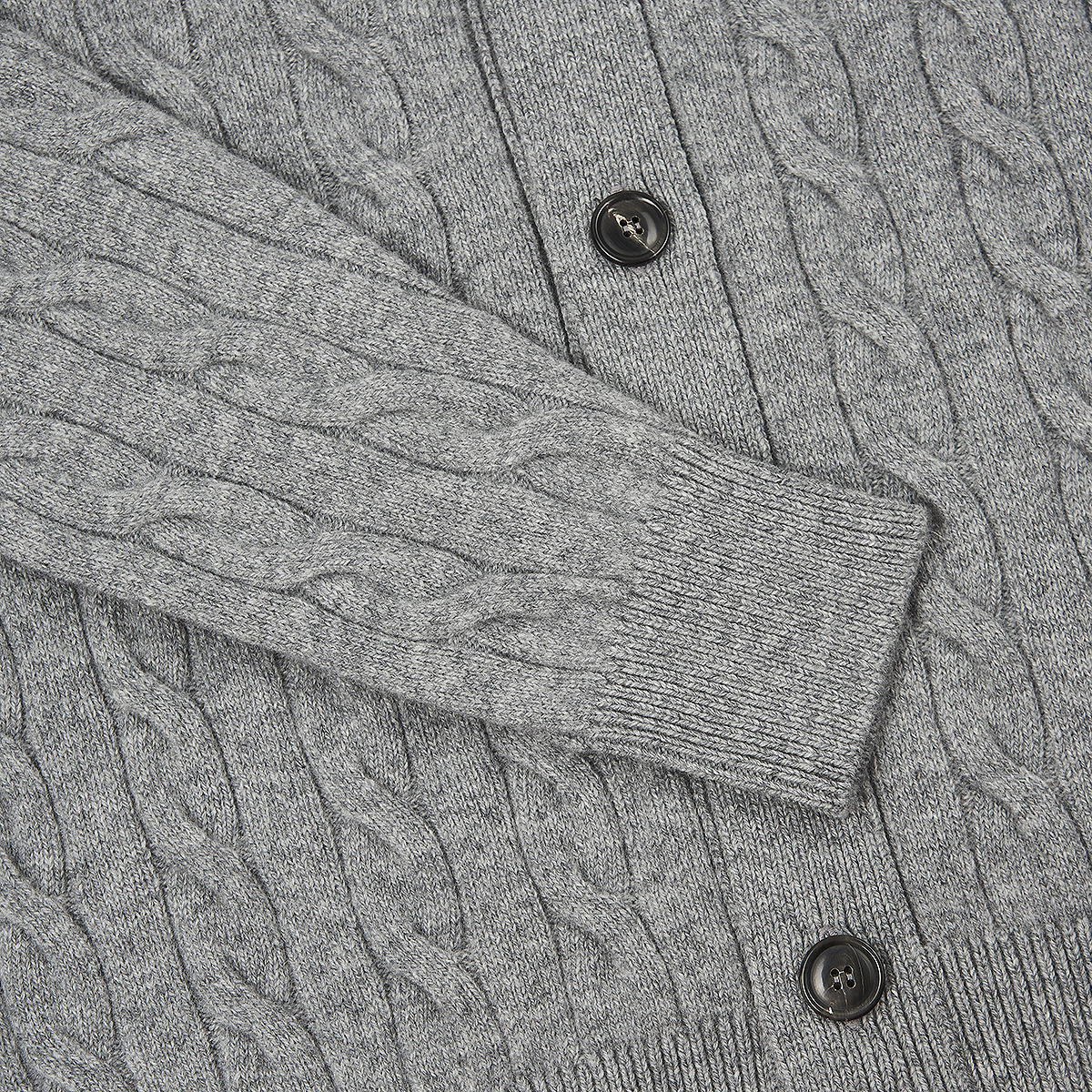 Grey Wool Cashmere Cable-Knit Button Cardigan