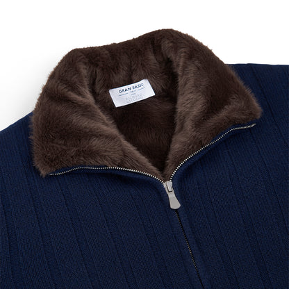 Navy Faux Fur Lined Knitted Jacket