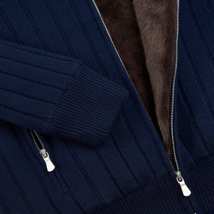 Navy Faux Fur Lined Knitted Jacket