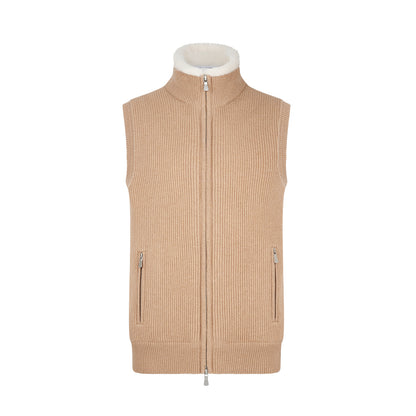 Beige Cashmere Knitted Gilet with Faux Fur Lining