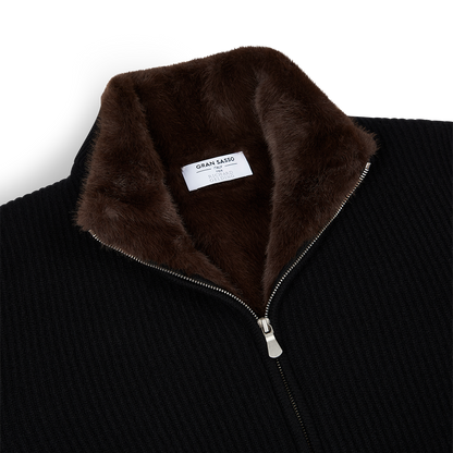 Black Cashmere Cardigan with Faux Fur Lining