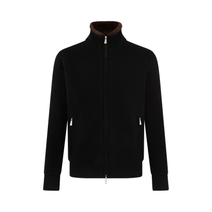 Black Cashmere Cardigan with Faux Fur Lining