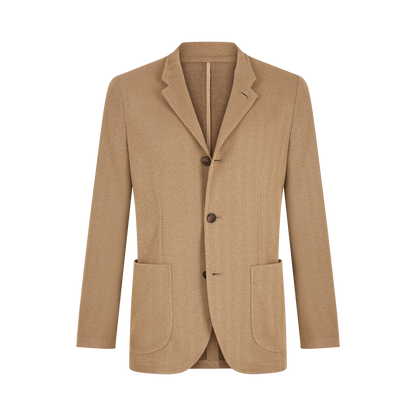 The Gran Sasso Beige Herringbone Cotton Blend Jacket features two brown buttons, large front patch pockets, a notched lapel, and a chest pocket. The classic jacket is shown on a plain white background. , available at Richard Gelding Mayfair