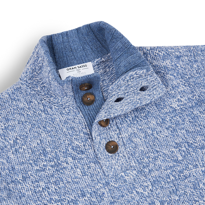 Sky Blue 5-ply Mouline Wool Button Neck Sweater