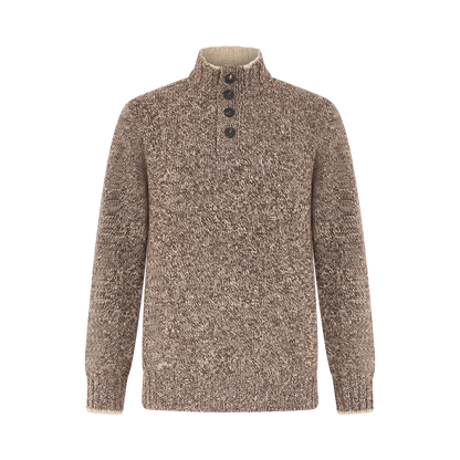 Taupe Beige 5-ply Mouline Wool Button Neck Sweater