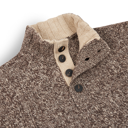 Taupe Beige 5-ply Mouline Wool Button Neck Sweater