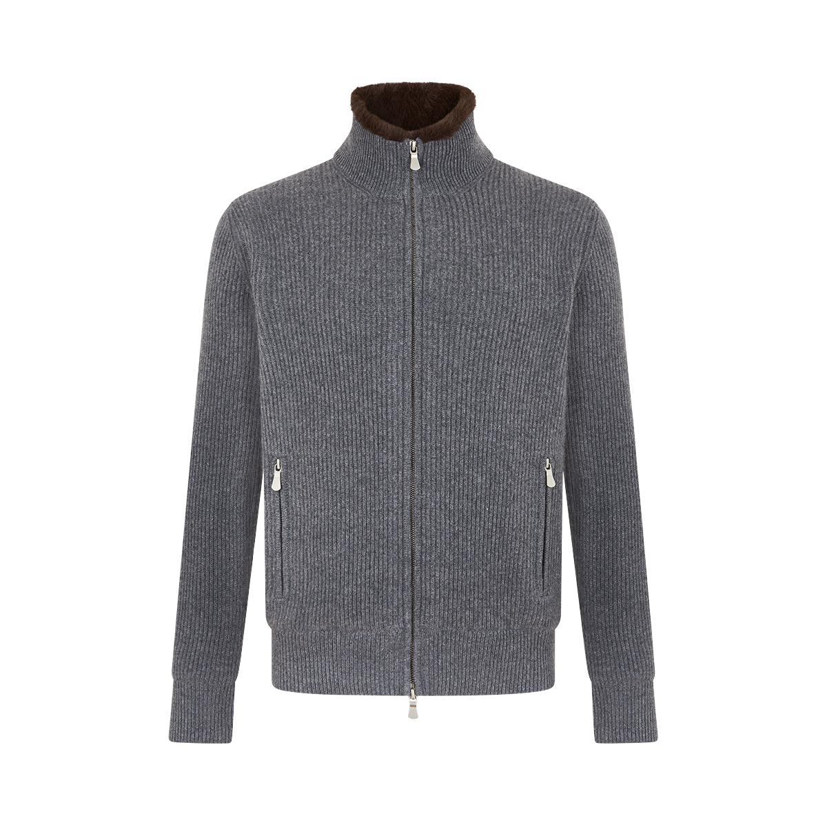 Grey Cashmere Zip Cardigan with Brown Faux Fur Lining