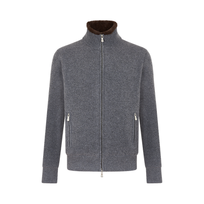 Grey Cashmere Zip Cardigan with Brown Faux Fur Lining