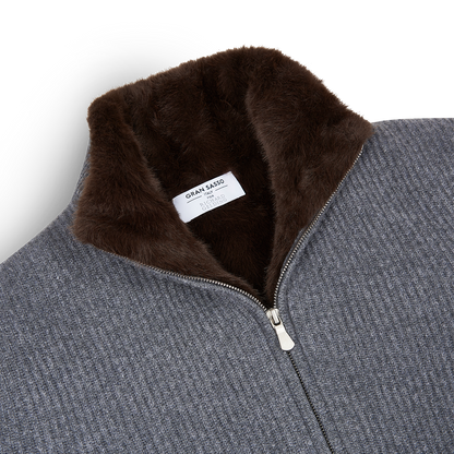 Grey Cashmere Zip Cardigan with Brown Faux Fur Lining