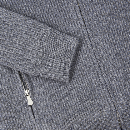 Grey Cashmere Zip Cardigan with Brown Faux Fur Lining