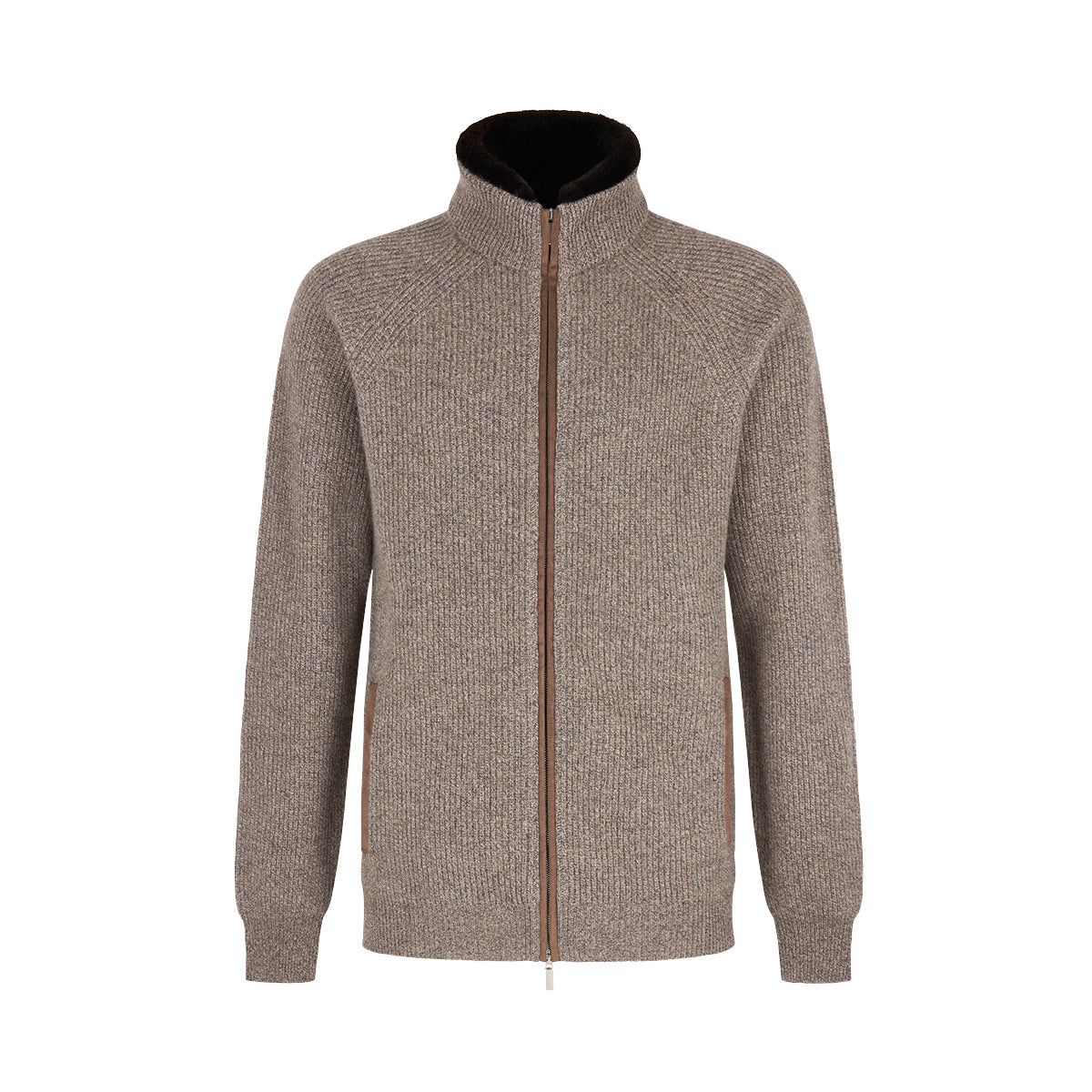 Taupe Beige Fur Collar Cashmere Cardigan