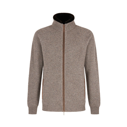 Taupe Beige Fur Collar Cashmere Cardigan