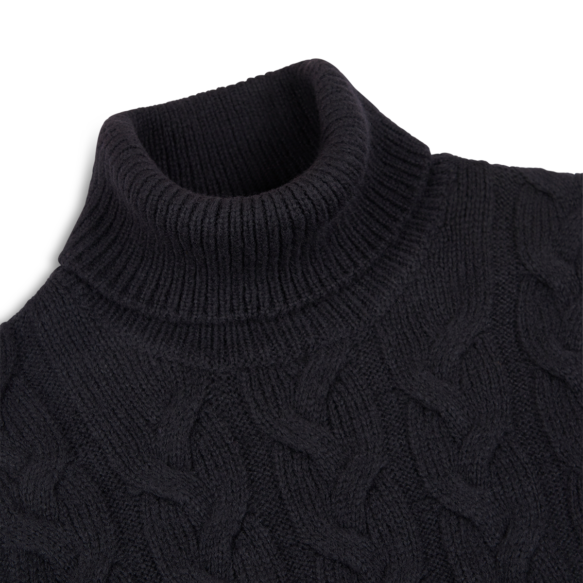 Black Wool Cableknit Rollneck Sweater