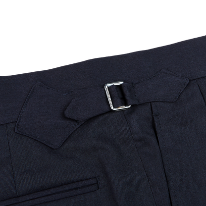 Kit Blake Navy Blue Cotton Twill Pleated Trousers Adjuster
