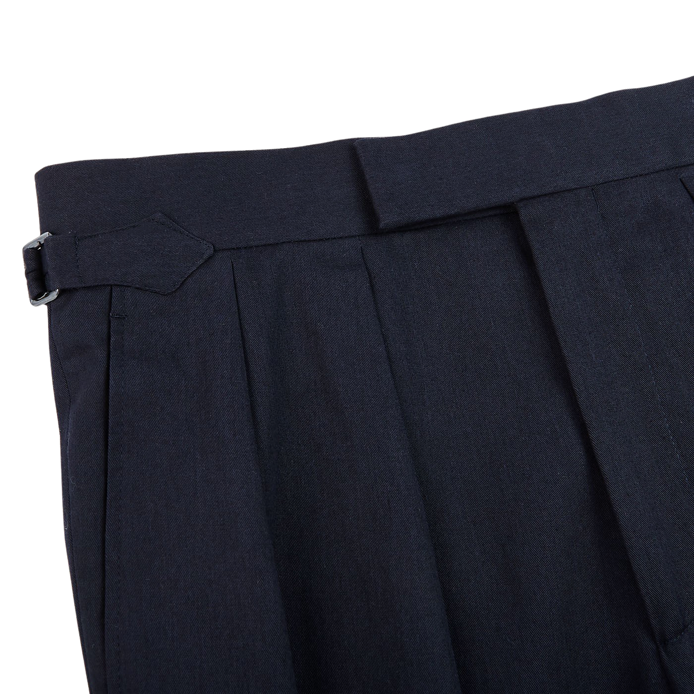 Kit Blake Navy Blue Cotton Twill Pleated Trousers Edge