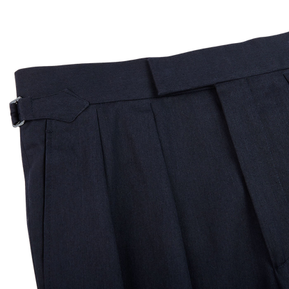 Kit Blake Navy Blue Cotton Twill Pleated Trousers Edge