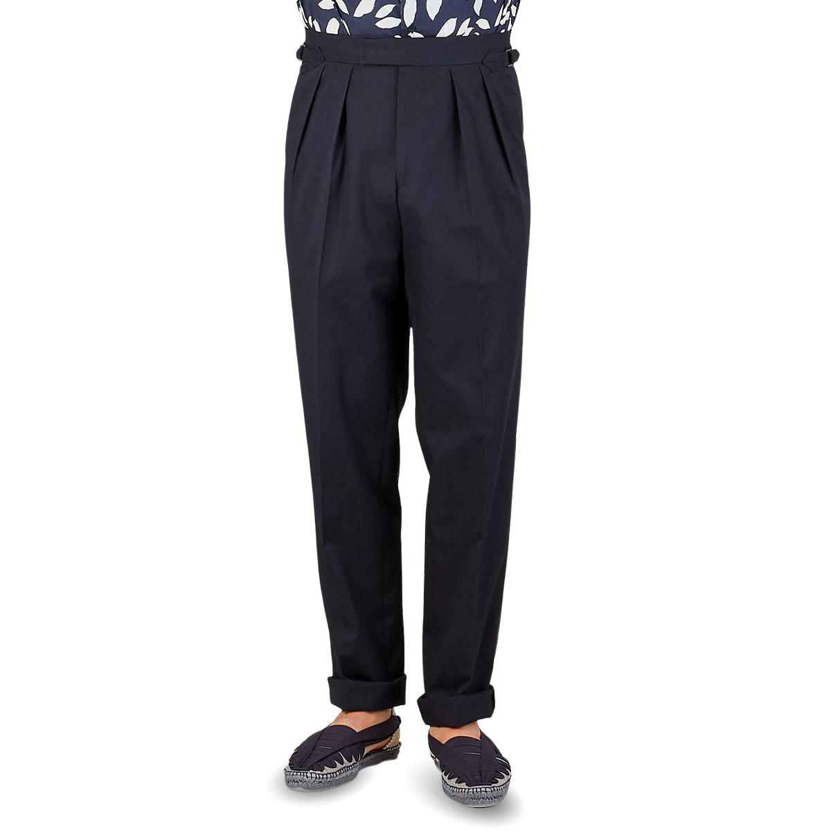 Kit Blake Navy Blue Cotton Twill Pleated Trousers Front